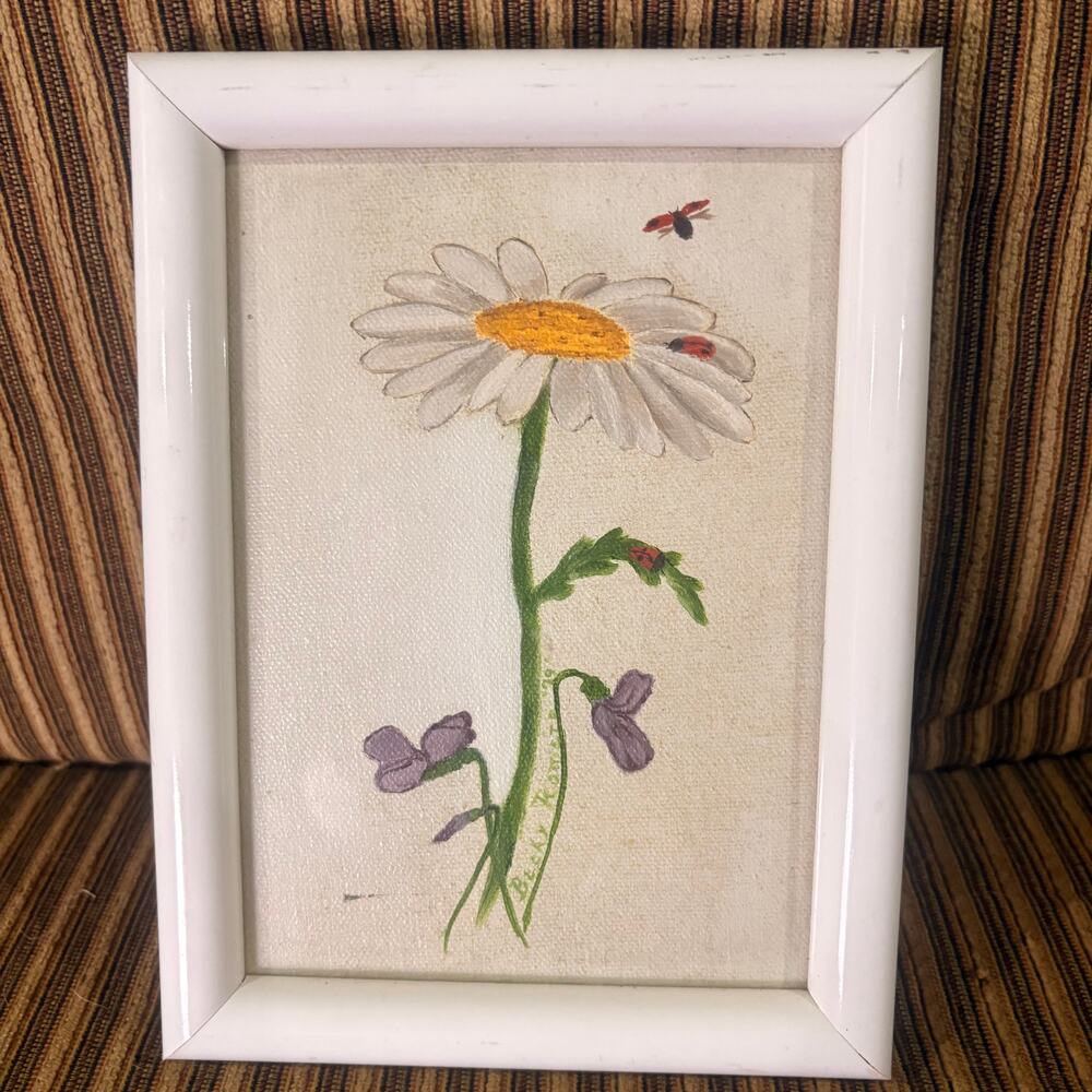 Whimsical Art Framed Daisy & Violets Painting Ladybugs Retro Becky '79 Original
